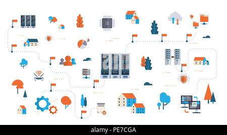 data network flowchart server map isometric cloud storage synchronization internet connection database center concept horizontal banner flat isolated Stock Vector