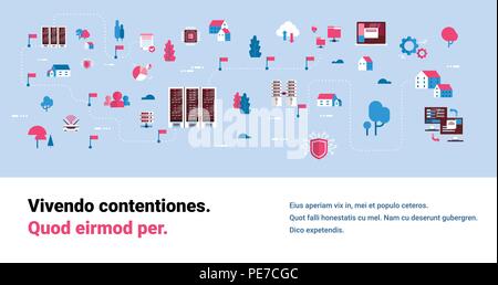 data network flowchart server map isometric cloud storage synchronization internet connection database center concept horizontal banner flat copy space Stock Vector