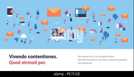 message mobile computer application messenger people communication map isometric concept online mail envelope horizontal banner blue background copy space flat Stock Vector