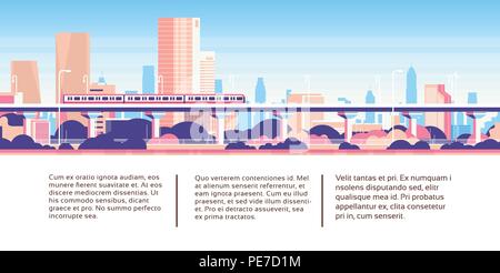 Subway monorail over city skyscraper business infographic template cityscape background skyline flat horizontal banner Stock Vector