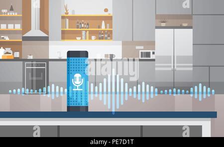 Home intelligent voice activated assistant recognition technology concept kitchen interior background smart ai speaker hi tech futuristic artificial intelligence speech horizontal flat Stock Vector