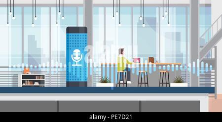 working intelligent voice activated assistant recognition technology concept office interior background smart ai speaker hi tech futuristic artificial intelligence speech horizontal flat Stock Vector