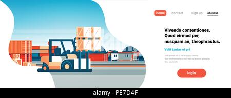 forklift loader pallet stacker truck equipment warehouse exterior international delivery concept flat horizontal banner copy space Stock Vector