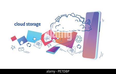 Data cloud storage mobile app online synchronization security database concept horizontal sketch doodle Stock Vector
