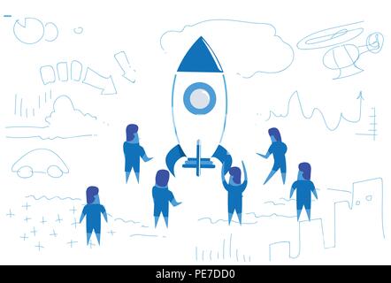 business people standing at launching rocket startup project concept teamwork brainstorming strategy horizontal sketch doodle Stock Vector