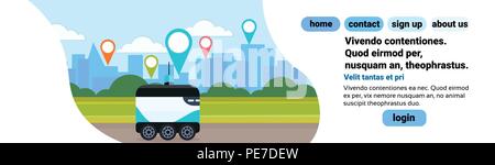 robot self drive fast delivery goods road way navigation destination geo tag cityscape city car robotic carry concept horizontal banner copy space flat Stock Vector