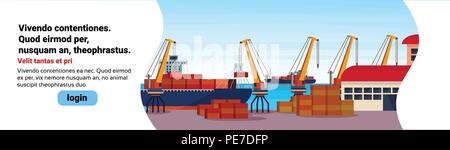 Industrial sea port freight ship cargo crane logistics container loading warehouse water delivery transportation concept international shipping seaside flat horizontal banner copy space Stock Vector