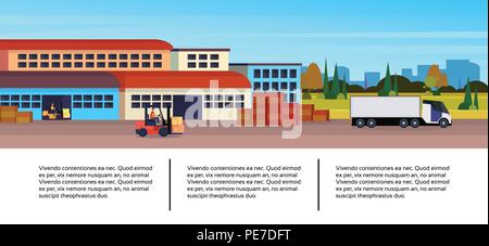 warehouse cargo forklift loading semi truck infographic template logistics delivery transportation concept international shipping cityscape flat horizontal banner copy space Stock Vector