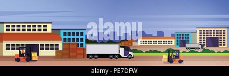 warehouse forklift loading semi trailer industrial cargo freight outdoor international delivery concept flat horizontal banner Stock Vector
