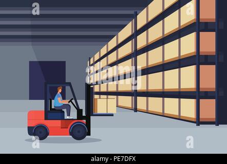 forklift loader working warehouse interior parcel box on rack logistic delivery cargo service concept rows shelves goods storage horizontal flat Stock Vector