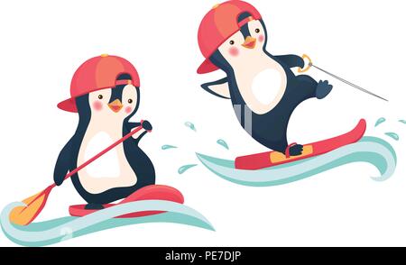 Penguin floating on SUP board. Penguin water skiing. Paddle board. Water sports and activities vector illustration Stock Vector