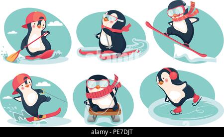 Activity in winter. Activity in summer icon. Penguin vector illustration set Stock Vector