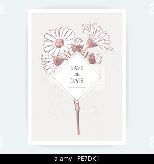 Card flowers Calendula, Chrysanthemum, Chamomile, Daisy, Aster. Wedding ornament minimalist pastel colors. Floral trendy poster, invite. Vector decora Stock Vector