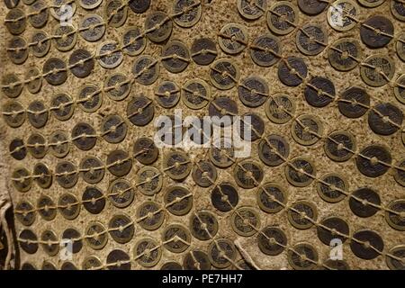 Armor with coins, Tlingit, detail, collected in Alaska in mid 1800s, hide, Chinese coins from 1644-1796 - Native American Stock Photo