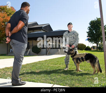 Herschel Walker, left, chats with Staff Sgt. Craig Eveland, 436th Security Forces Squadron military working dog handler and MWD Ramos Oct. 13, 2015, on Dover Air Force Base, Del. Walker, in partnership with the Patriot Support Program’s Anti-stigma campaign, visited the base to help spread the message to Team Dover members during Wingman Day advocating to Airmen that it is OK to ask for help through behavioral health services. (U.S. Air Force photo/Roland Balik) Stock Photo