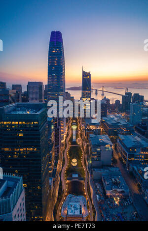 Aerial View of SF Transbay Transit Center Rooftop Park with High-rise Buildings at Dawn, San Francisco, CA Stock Photo