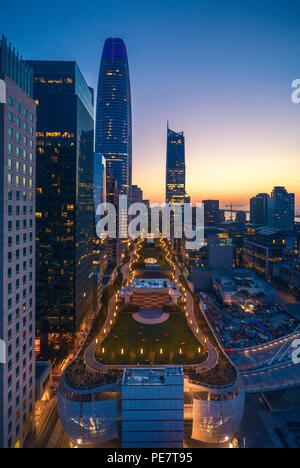 Aerial View of SF Transbay Transit Center Rooftop Park with High-rise Buildings at Dawn, San Francisco, CA Stock Photo