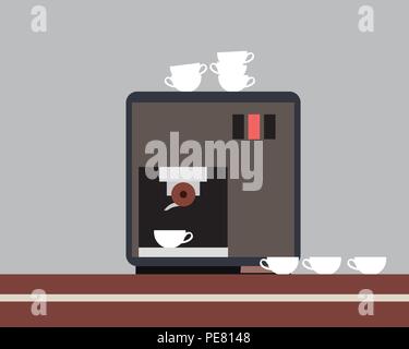 Coffee machine or espresso maker on a brown table with white porcelain cups - vector Stock Vector