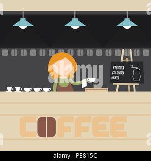 Young woman - barista preparing coffee in cafe with table, lamps and white porcelain cups - vector Stock Vector