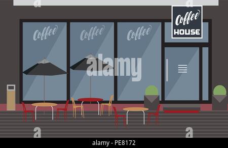 Exterior of coffee house with garden restaurant, tables and chairs under umbrellas, with window and door - vector Stock Vector
