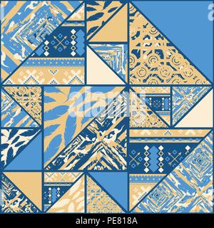 Seamless yellow and blue pattern background with triangles and feathers Stock Vector