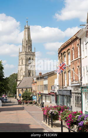 Gloucester city centre, Westgate St, with the church of St Nicholas, Gloucestershire, England, UK Stock Photo