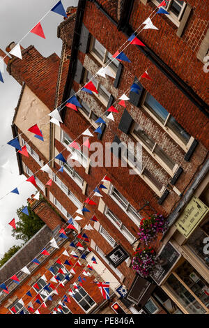 The bunting is out in town in this small Derbyshire Peak District town of Ashbourne. Derbyshire. Stock Photo