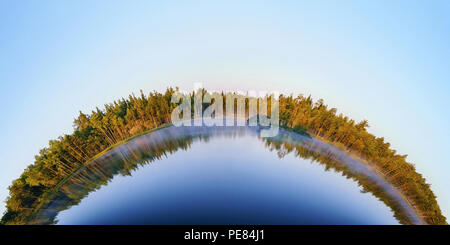 Forest lake on sunrise idyllic spherical perspective distorted view. Pure blue water, distant trees and sky. Karelia, Russia Stock Photo