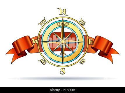 Wind Rose Golden Nautical Compass with Red Ribbon. Vector Illustration. Stock Vector