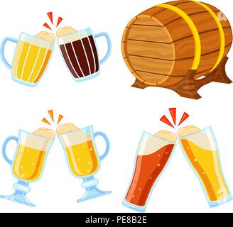 Colorful cartoon draft beer set. Oktoberfest elements collection. Autumn festival vector illustration for icon, sticker, patch, emblem, sign, label, b Stock Vector