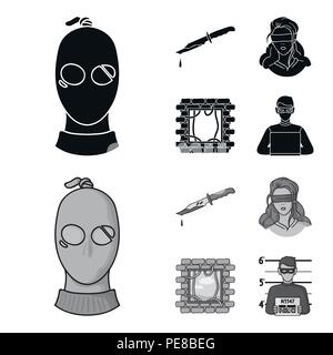 A thief in a mask, a bloody knife, a hostage, an escape from prison.Crime set collection icons in black,monochrom style vector symbol stock illustrati Stock Vector