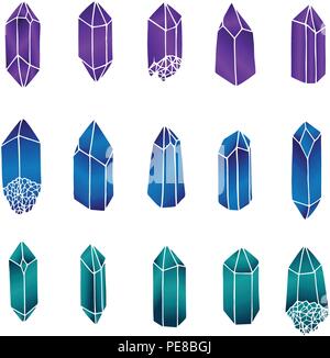 Hand drawn vector crystals set isolated on the white background. Gemstones in gradient colors collection. Stock Vector