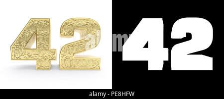 Golden number forty two (number 42) on white background with drop shadow and alpha channel. 3D illustration. Stock Photo