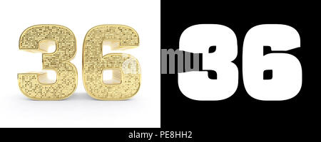 Golden number thirty six (number 36) on white background with drop shadow and alpha channel. 3D illustration. Stock Photo