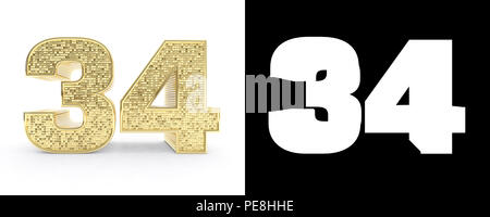 Golden number thirty-four (34 years) on white background with pattern ...