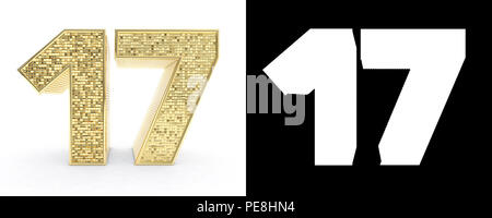 Golden number seventeen (number 17) on white background with drop shadow and alpha channel. 3D illustration. Stock Photo