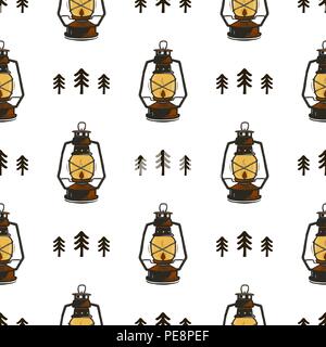 Retro camp seamless pattern with Lanterns and trees. Vintage hand drawn concept. Old style colors. Stock vector wallpaper, background isolated on white Stock Vector