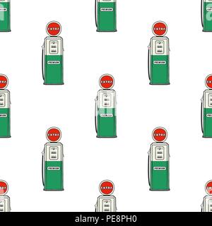 Gas station pump seamless design. Vintage hand drawn oil station pattern. Stock vector background isolated on white Stock Vector
