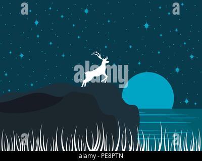 Deer on the shore of the lake. Night river landscape with a full moon. Night starry sky. Vector illustration Stock Vector