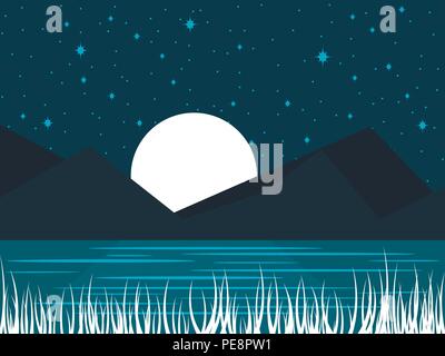 Night river landscape with a full moon. Midnight lake with moonlight. Vector illustration Stock Vector