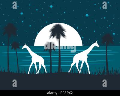 Giraffe on the shore at night with a full moon. Palm trees on the beach. Night starry sky. Vector illustration Stock Vector