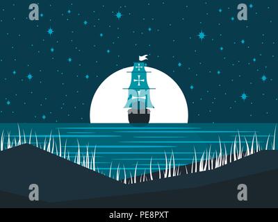Sailing ship at night against the full moon. Moonlight on the water. Seascape. Vector illustration Stock Vector