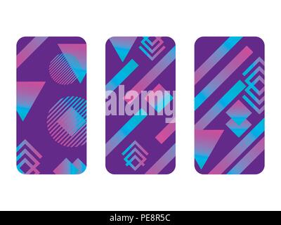 Phone case mockup. Memphis pattern background. Gradients geometric shape style of the 80s. Smartphone cases set. Vector illustration Stock Vector