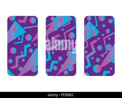 Phone case mockup. Memphis pattern background. Gradients geometric shape style of the 80s. Smartphone cases set. Vector illustration Stock Vector