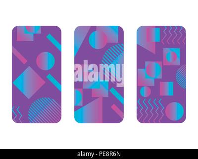 Phone case mockup. Memphis pattern background. Gradients geometric shape style of the 80s. Smartphone cases set. Vector illustration Stock Vector