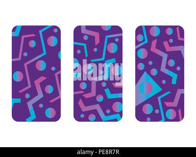 Phone case mockup. Memphis pattern background. Gradients geometric shape style of the 80s. Smartphone cases set. Vector illustration Stock Vector