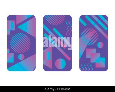 Phone case mockup. Memphis pattern background. Gradients geometric shape style of the 80s. Smartphone cases set. Vector illustration Stock Vector