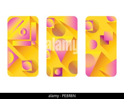 Phone case mockup. Memphis pattern background. Gradients geometric shape style of the 80s. Smartphone cases set. Vector illustration Stock Vector