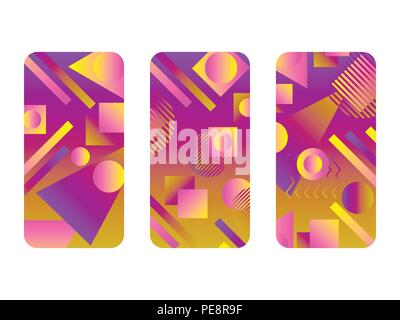 Phone case mockup. Memphis pattern background. Gradients geometric shape style of the 80s. Smartphone cases set. Vector illustration Stock Vector