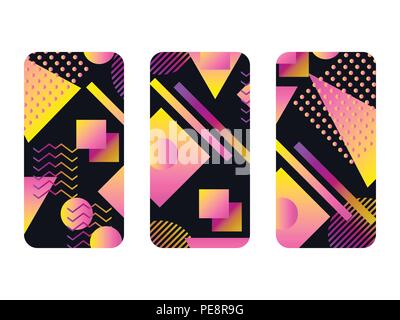 Phone case mockup. Memphis pattern background. Gradients geometric shape style of the 80s. Smartphone cases set. Vector illustration Stock Vector